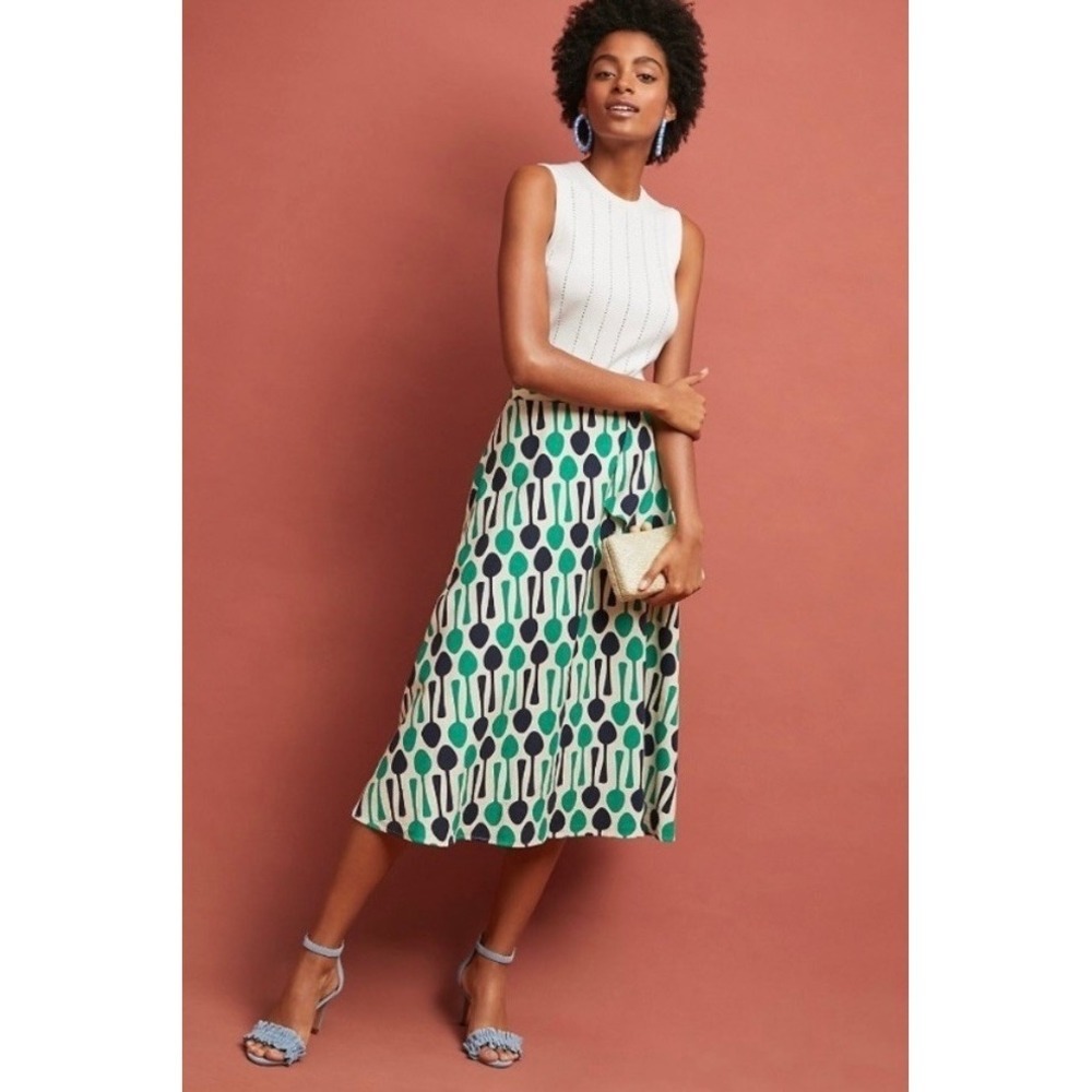 Anthropologie EVA FRANCO Spoons Print Midi Skirt Navy Blue Kelly Green Spoon 8
